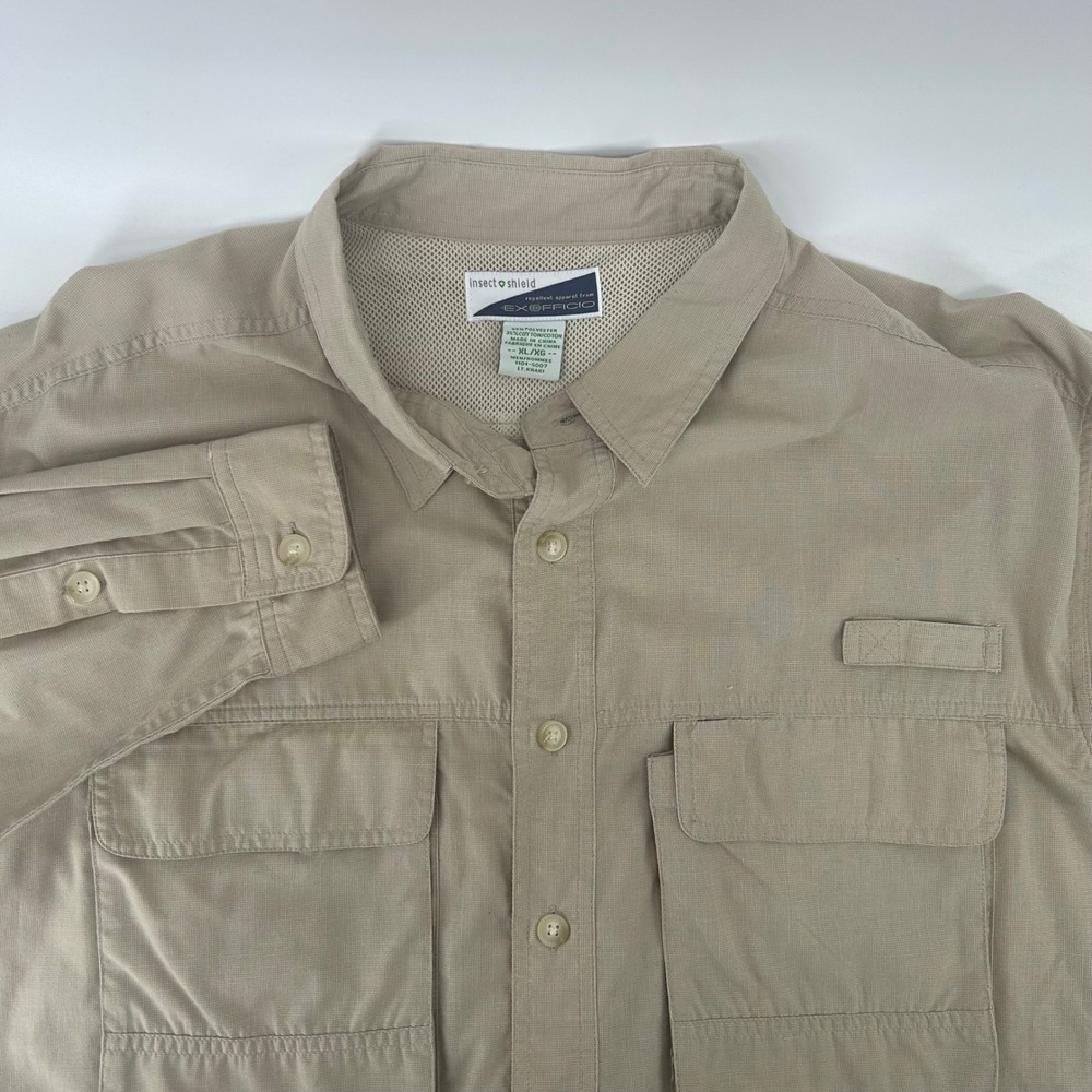 ExOfficio Fishing Shirt Mens XL Khaki Insect Shield Ventilated Hiking Outdoor